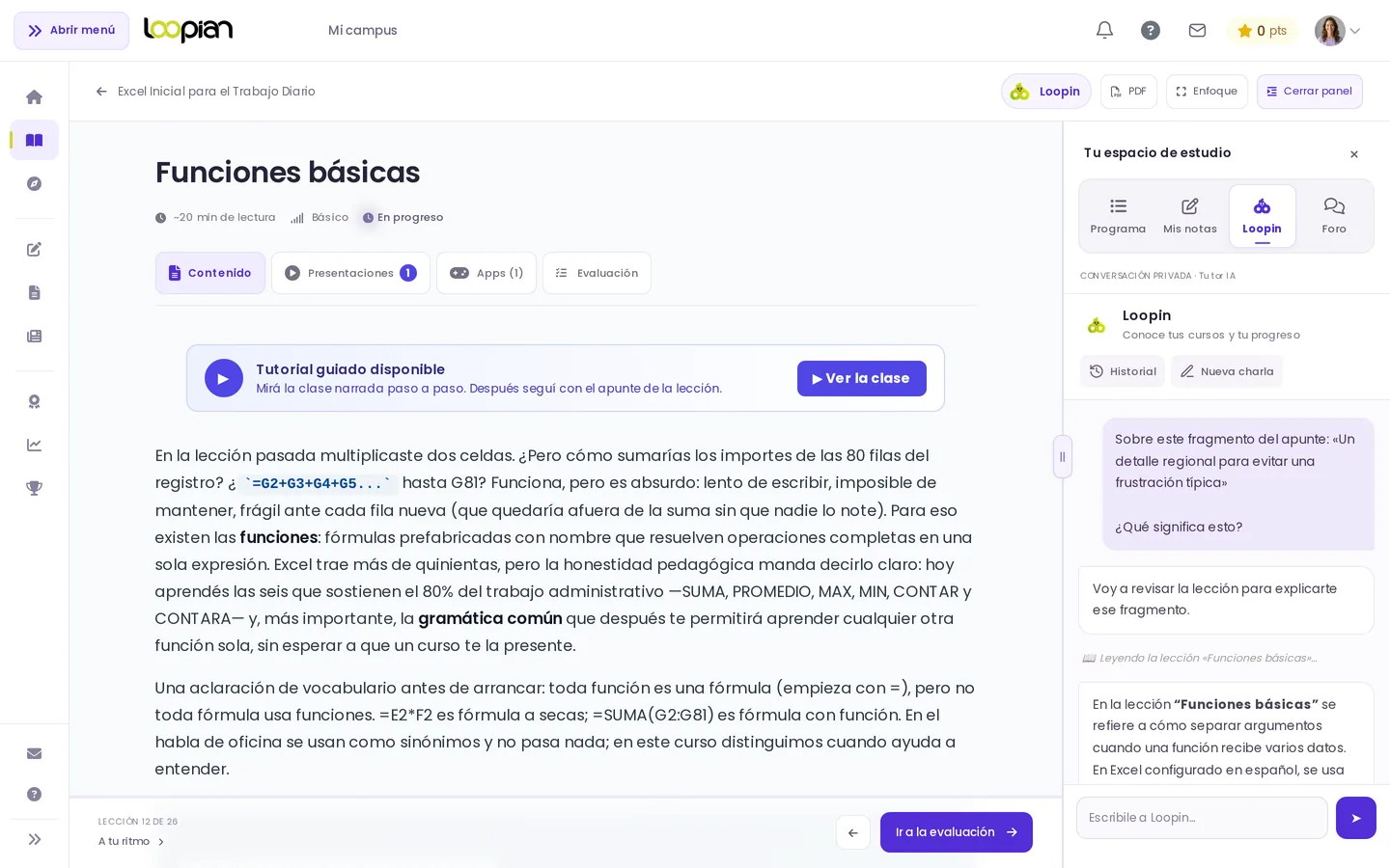 Lección «Funciones básicas» con Loopin abierto en el panel de estudio
